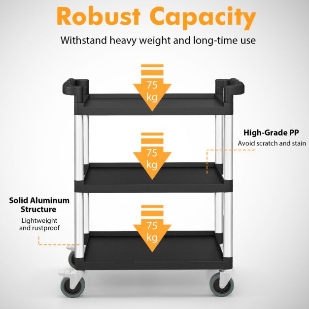 3-Tier Utility Cart with Lockable Wheels and Double Handles