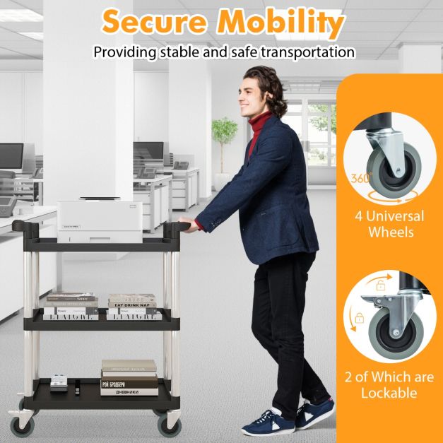3-Tier Utility Cart with Lockable Wheels and Double Handles