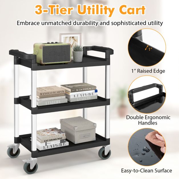 3-Tier Utility Cart with Lockable Wheels and Double Handles