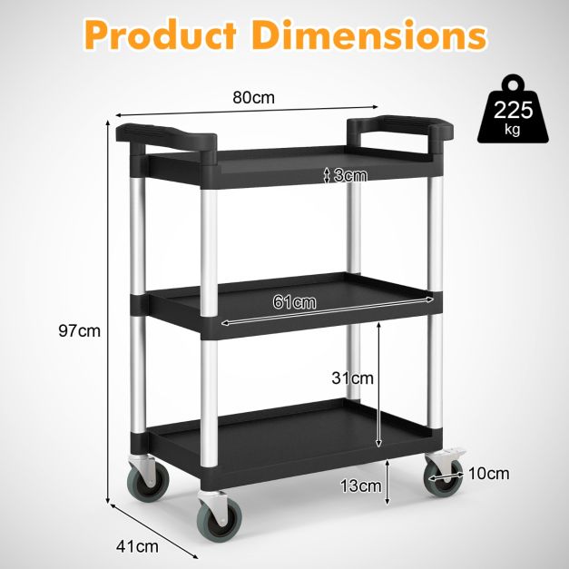 3-Tier Utility Cart with Lockable Wheels and Double Handles