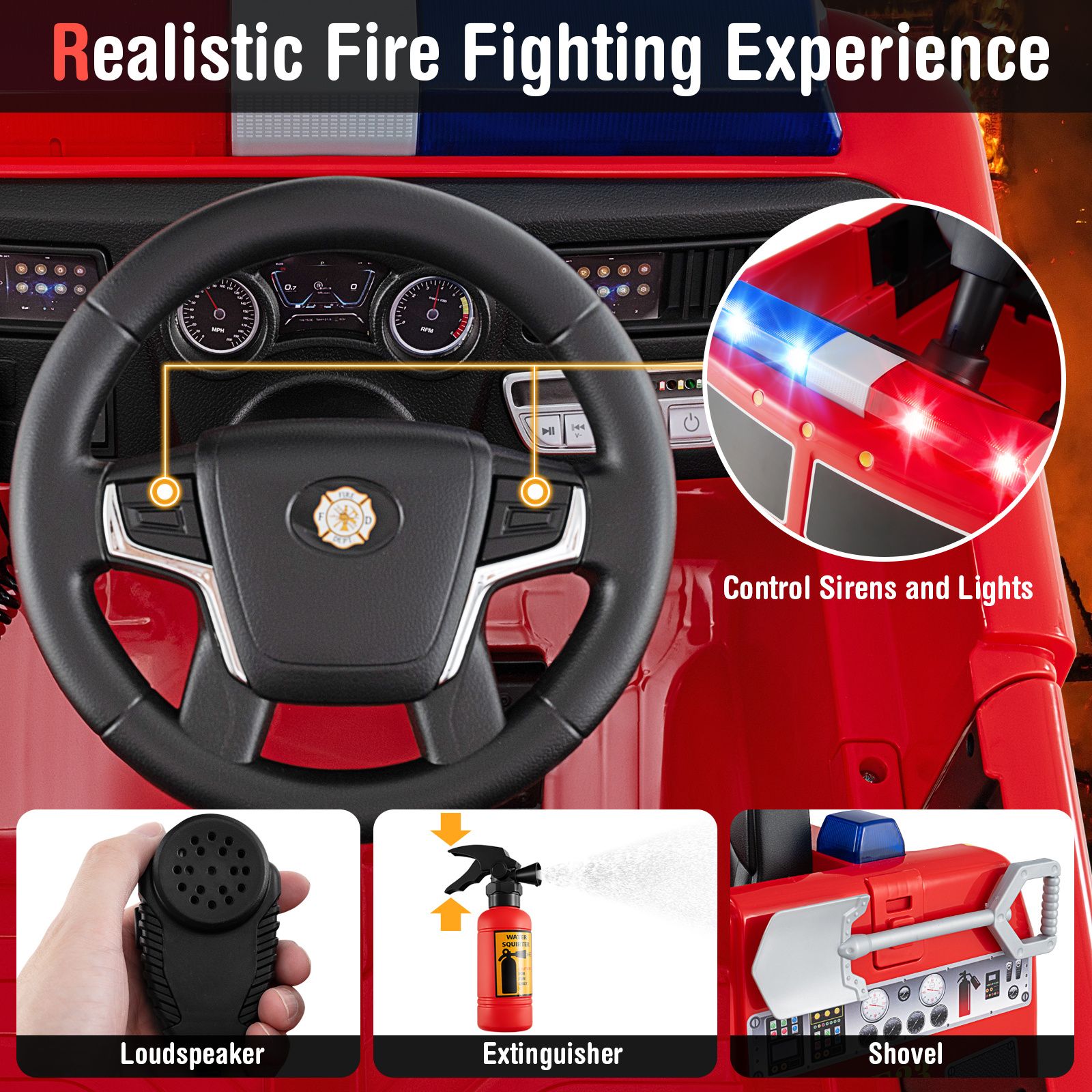 Kids Ride on Fire Truck, 12V Battery Powered Fire Car with Remote Control, Extinguisher, Shovel, Loudspeaker, Music, Sirens, Lights & Wireless Connection, Electric Vehicle for Children 3-8 Years Old
