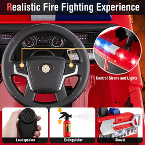 Kids Ride on Fire Truck, 12V Battery Powered Fire Car with Remote Control, Extinguisher, Shovel, Loudspeaker, Music, Sirens, Lights & Wireless Connection, Electric Vehicle for Children 3-8 Years Old