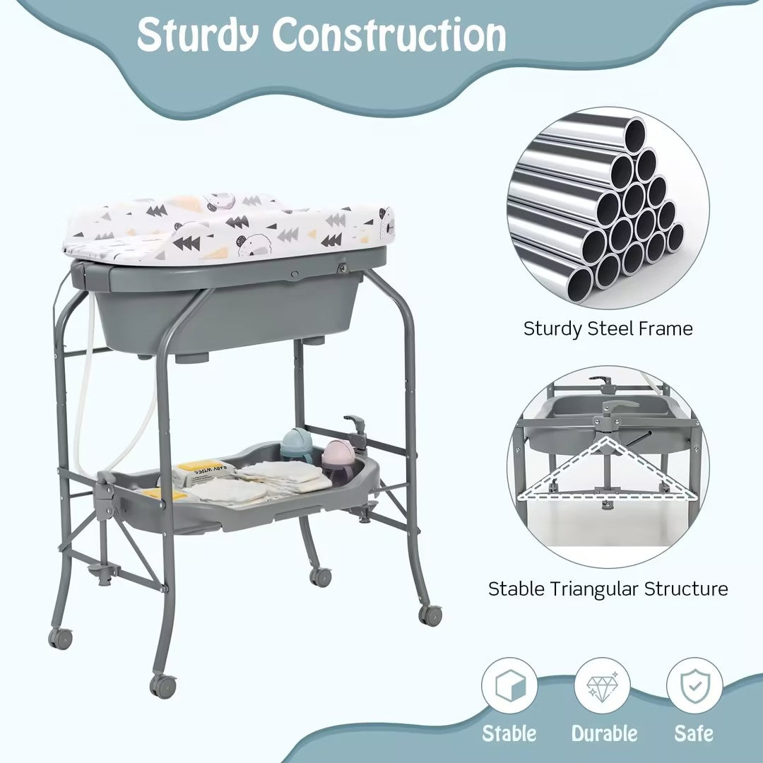 Hikidspace Baby Bathtub with Changing Table, Foldable Diaper Changing Station with Storage Tray