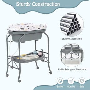 Hikidspace Baby Bathtub with Changing Table, Foldable Diaper Changing Station with Storage Tray