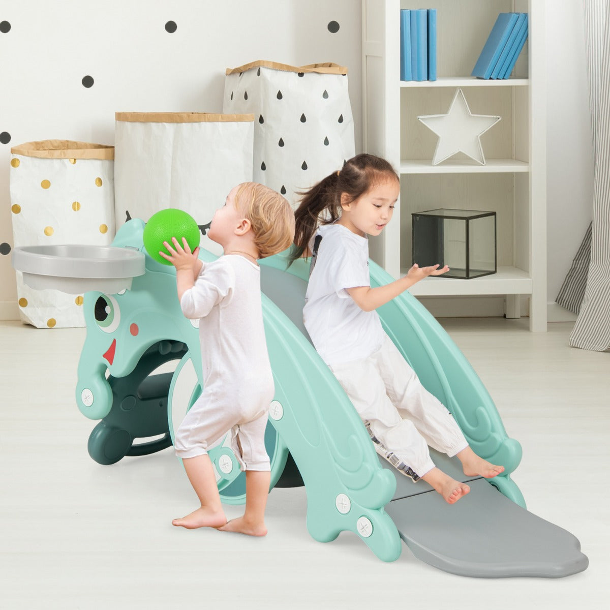 3-in-1 Kids Slide Rocking Horse Set Convertible with Basketball Hoop