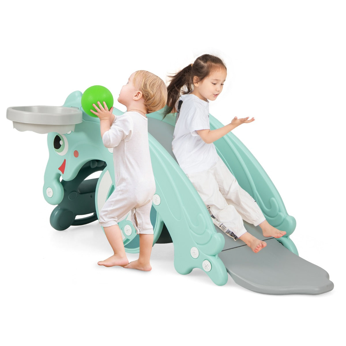 3-in-1 Kids Slide Rocking Horse Set Convertible with Basketball Hoop