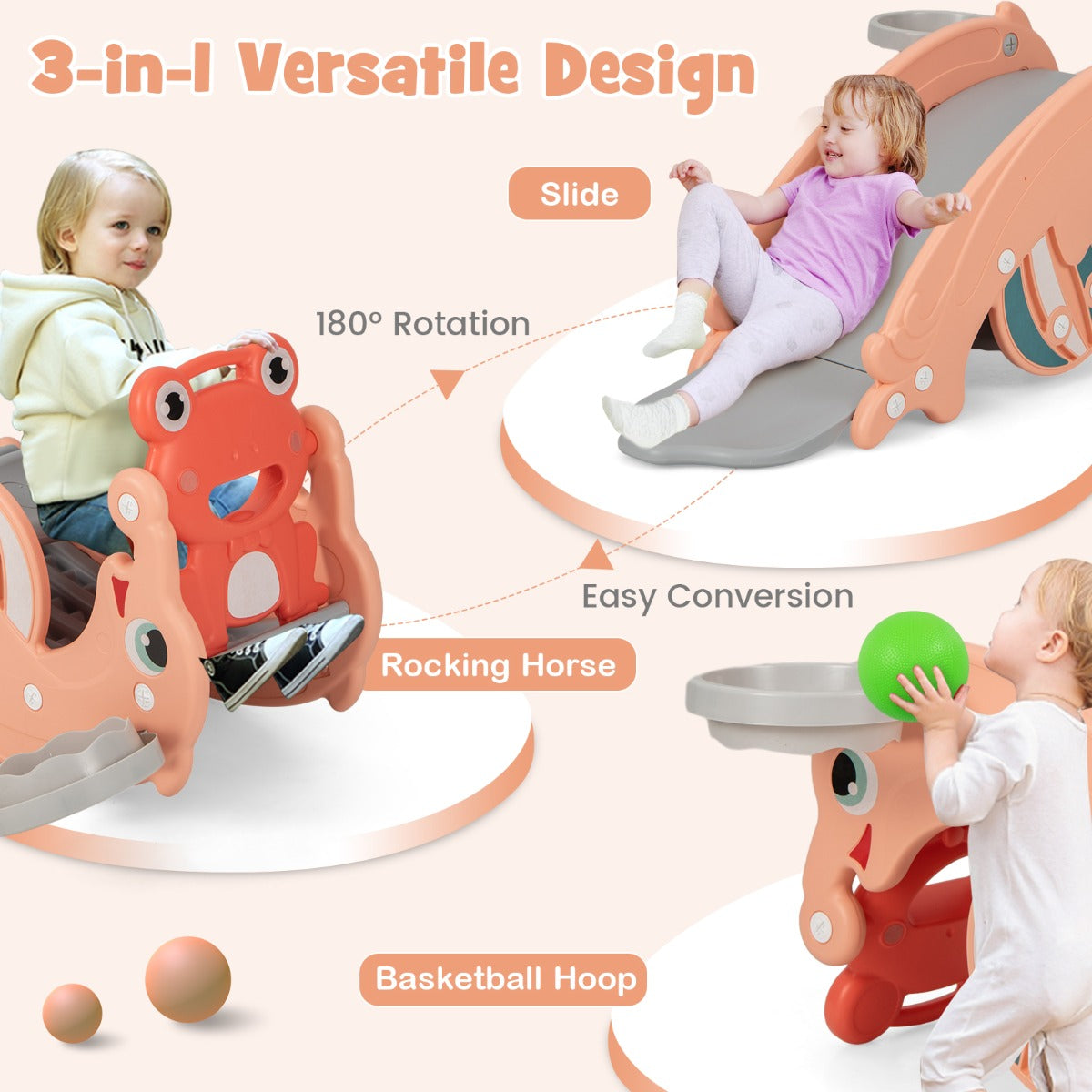 3-in-1 Kids Slide Rocking Horse Set Convertible with Basketball Hoop