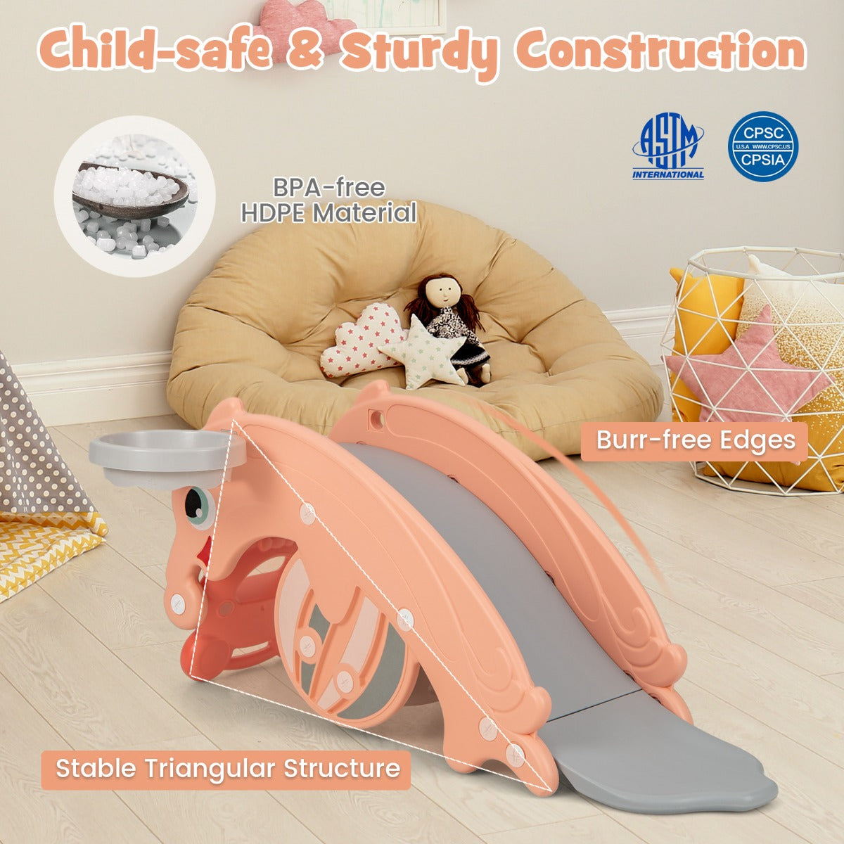 3-in-1 Kids Slide Rocking Horse Set Convertible with Basketball Hoop