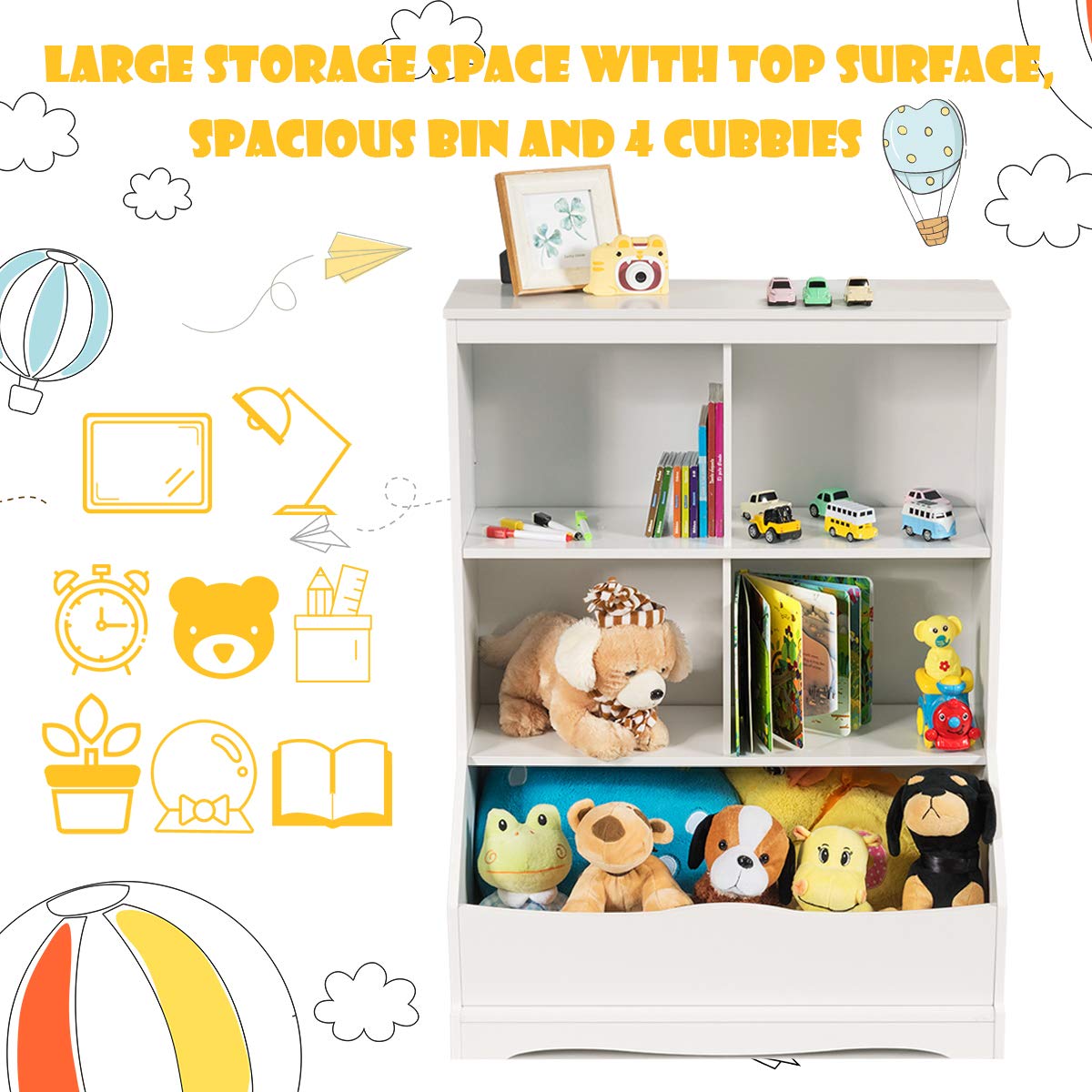 4-Cubby Kids Wooden Toy Storage Cabinet