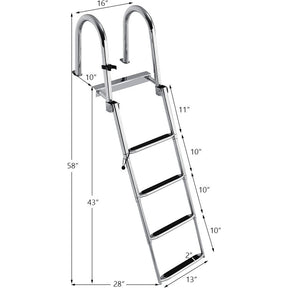 4-Step Stainless Steel Boat Ladder Folding Telescoping Pontoon Rear Ladder with Pedal Handrail for Yacht Boat Dock