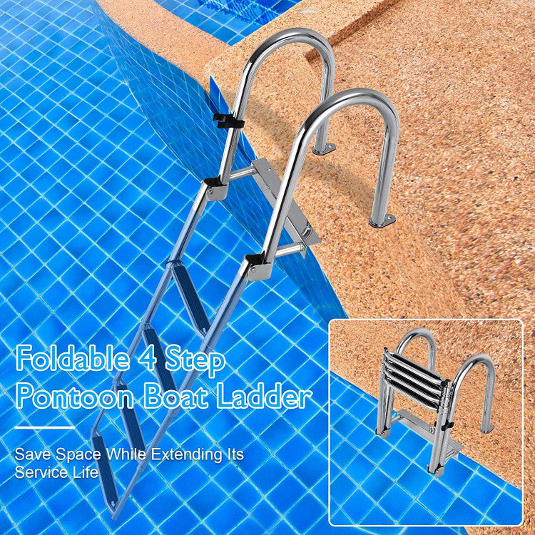 4-Step Stainless Steel Boat Ladder Folding Telescoping Pontoon Rear Ladder with Pedal Handrail for Yacht Boat Dock