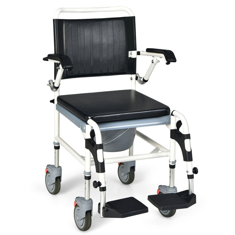 4-in-1 Adjustable Height Bedside Commode Wheelchair with Detachable Bucket
