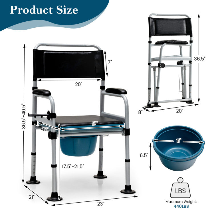 4-in-1 Folding Bathroom Bedside Commode Chair with Detachable Bucket and Towel Holder