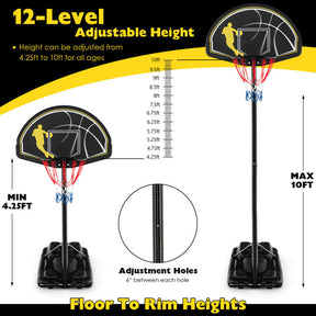 4.25-10FT 12-Level Adjustable Basketball Goal Portable Basketball Hoop Outdoor Basketball Stand System with Shatterproof Backboard