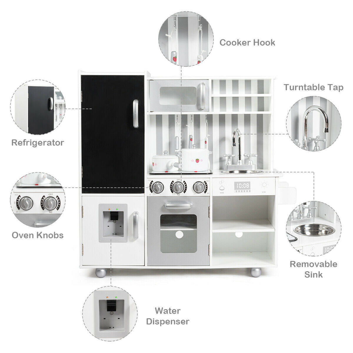 Large Wooden Kids Play Kitchen Set with Simulated Sound