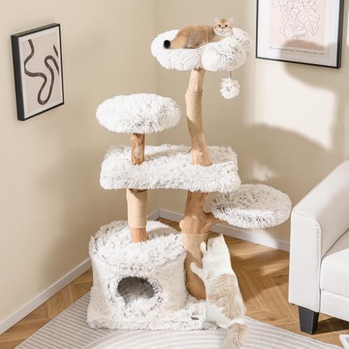 Modern Cat Tree, 135cm Tall Natural Branch Wooden Cat Tower w/ Scratching Posts