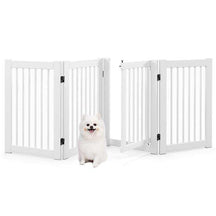 207 x 77 cm Freestanding Pet Gate, 4 Panel Retractable Wooden Folding Dog Fence w/Walk Through Door
