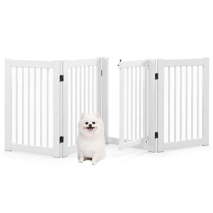 207 x 77 cm Freestanding Pet Gate, 4 Panel Retractable Wooden Folding Dog Fence w/Walk Through Door