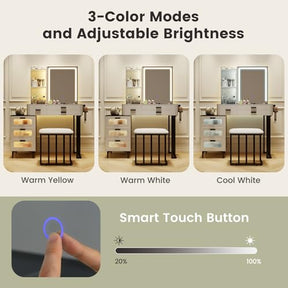 Modern Vanity Desk w/Mirror & Lights, Makeup Vanity and Stool Set w/3-Color LED Lights & Charging Station