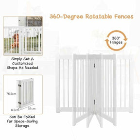 207 x 77 cm Freestanding Pet Gate, 4 Panel Retractable Wooden Folding Dog Fence w/Walk Through Door