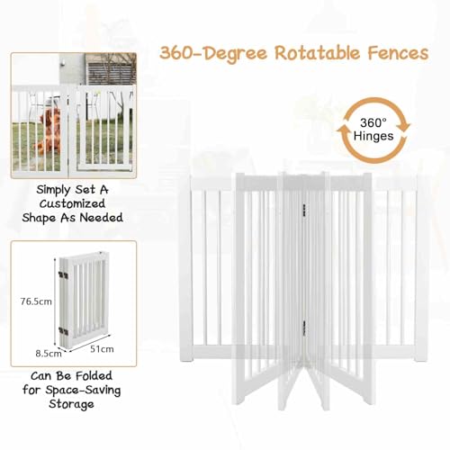 207 x 77 cm Freestanding Pet Gate, 4 Panel Retractable Wooden Folding Dog Fence w/Walk Through Door