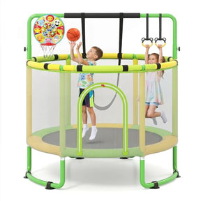 60" /55" Trampoline for Kids with Enclosure, 6-in-1 Indoor Outdoor Toddler Trampoline with Adjustable Gymnastics Bar, Swing, Basketball Hoop and Toys, Birthday Gifts for Boys Girls Age 3+