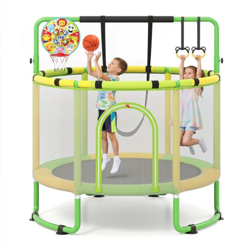 60" /55" Trampoline for Kids with Enclosure, 6-in-1 Indoor Outdoor Toddler Trampoline with Adjustable Gymnastics Bar, Swing, Basketball Hoop and Toys, Birthday Gifts for Boys Girls Age 3+