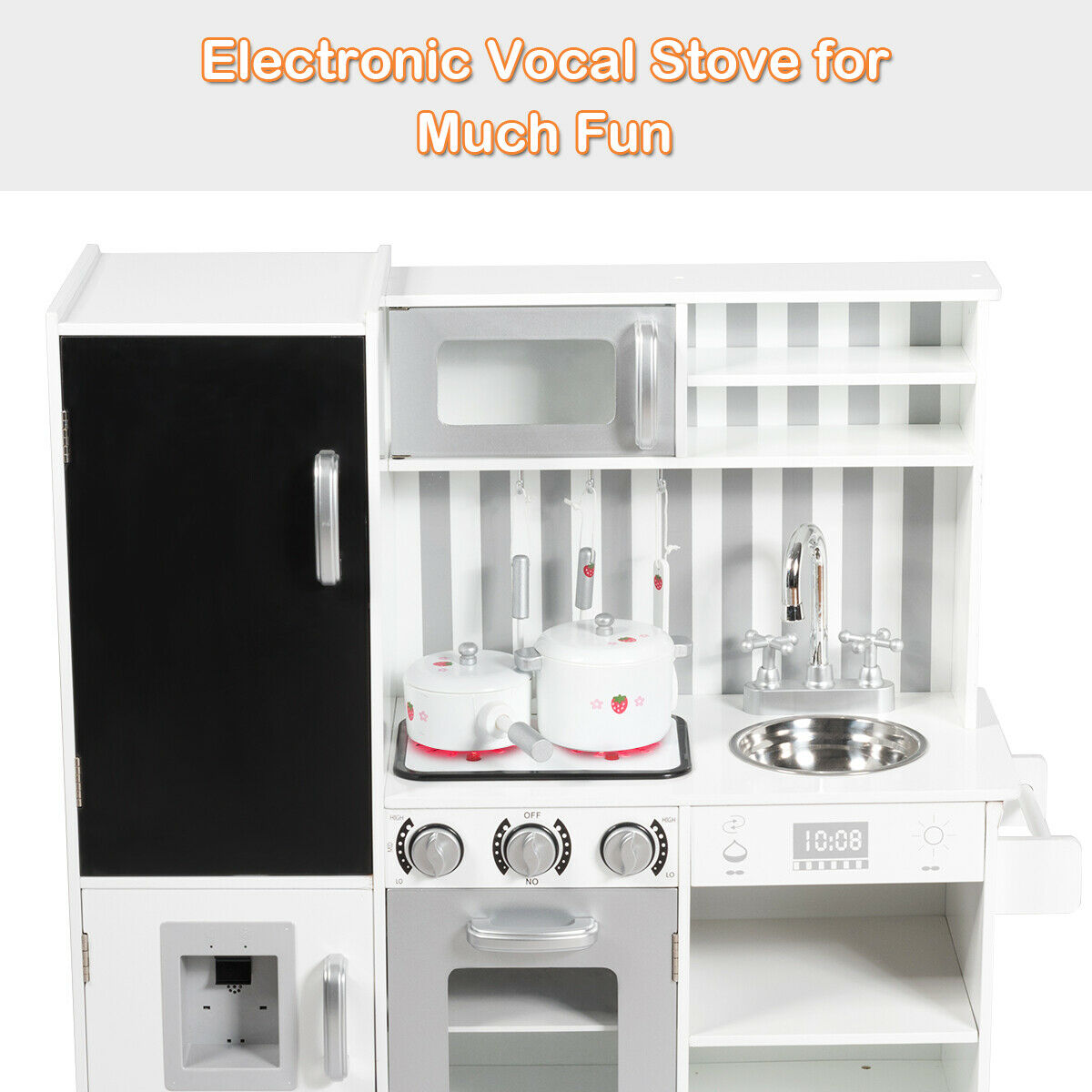 Large Wooden Kids Play Kitchen Set with Simulated Sound