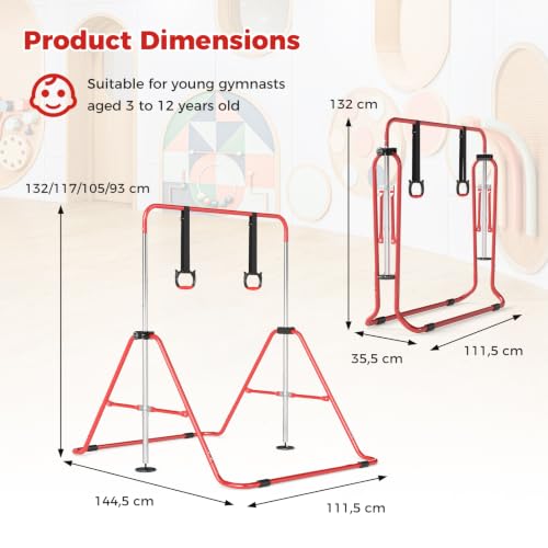 Expandable Gymnastic Bar for Kids, 4-Level Height Adjustable Gymnastic Horizontal Bar with Sturdy Metal Frame