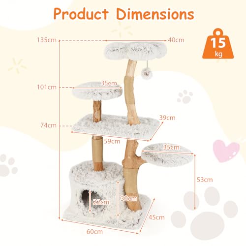 Modern Cat Tree, 135cm Tall Natural Branch Wooden Cat Tower w/ Scratching Posts