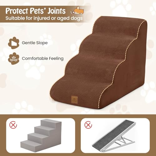 4-Step Dog Stairs Steps, 51 cm High Density Foam Non-Slip Pet Ladder w/Storage Pocket & Handle