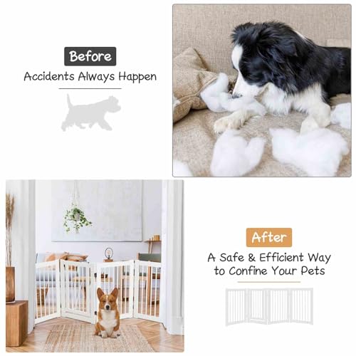 207 x 77 cm Freestanding Pet Gate, 4 Panel Retractable Wooden Folding Dog Fence w/Walk Through Door
