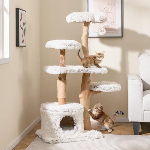 Modern Cat Tree, 135cm Tall Natural Branch Wooden Cat Tower w/ Scratching Posts