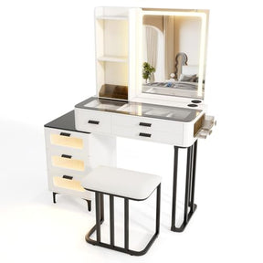 Modern Vanity Desk w/Mirror & Lights, Makeup Vanity and Stool Set w/3-Color LED Lights & Charging Station