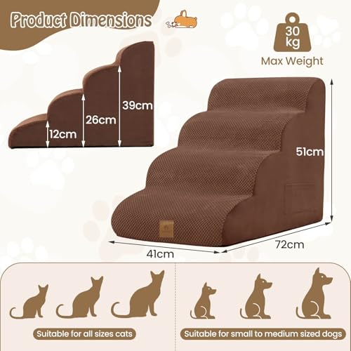 4-Step Dog Stairs Steps, 51 cm High Density Foam Non-Slip Pet Ladder w/Storage Pocket & Handle