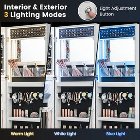 42.5 Inches Lockable Jewelry Mirror Wall Cabinet with 3-Color LED Lights