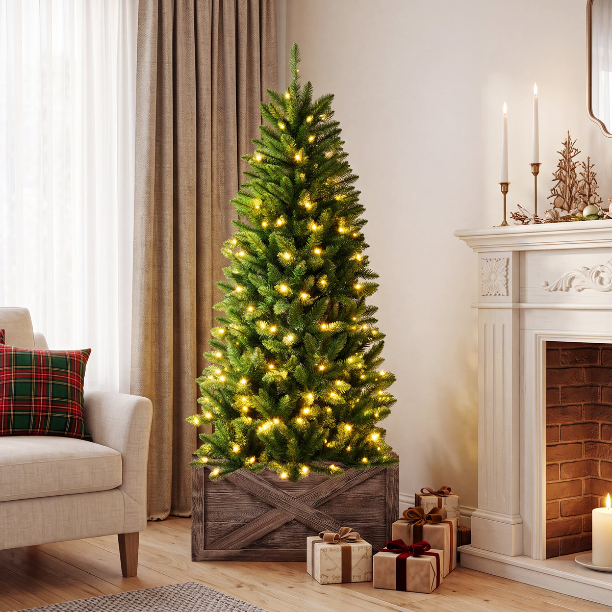 Hikidspace 1.5M/1.8M/2.1M Artificial Pencil Christmas Tree with Warm White UL-listed Lights for Decorations
