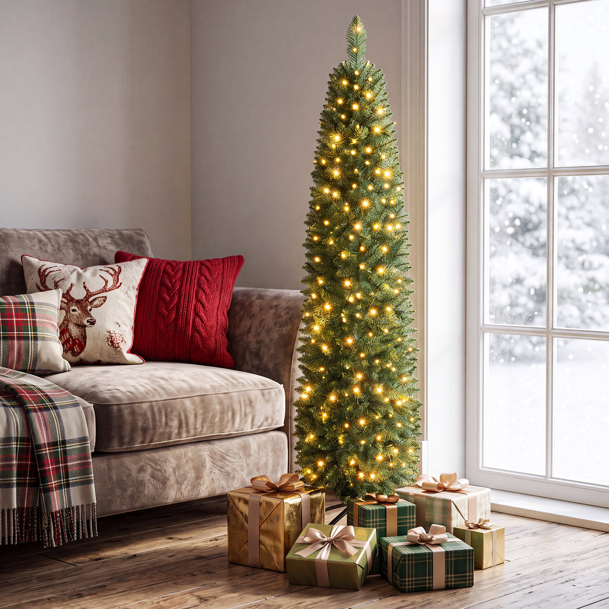Hikidspace 1.5/1.8/2.1/2.4 M Pre-Lit Pencil Christmas Tree