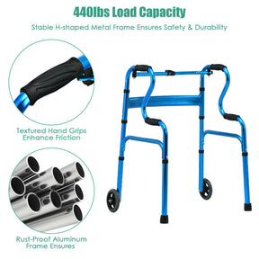 440LBS Heavy-Duty Folding Walker Adjustable H-shaped Walking Helper Portable Medical Walker with Wheels and Bi-Level Armrests