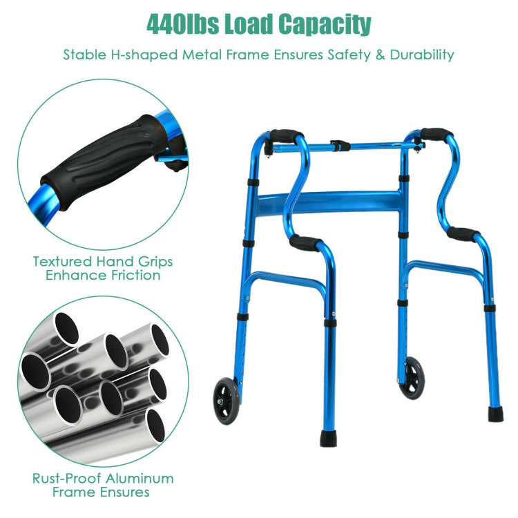 440LBS Heavy-Duty Folding Walker Adjustable H-shaped Walking Helper Portable Medical Walker with Wheels and Bi-Level Armrests