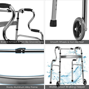 440LBS Heavy-Duty Folding Walker Adjustable H-shaped Walking Helper Portable Medical Walker with Wheels and Bi-Level Armrests