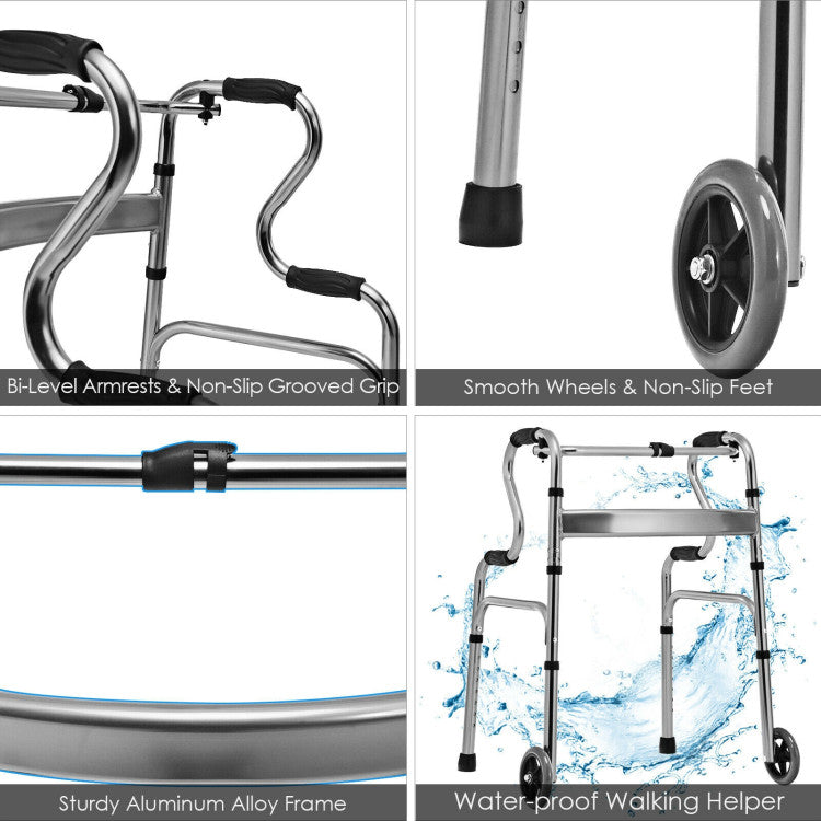 440LBS Heavy-Duty Folding Walker Adjustable H-shaped Walking Helper Portable Medical Walker with Wheels and Bi-Level Armrests