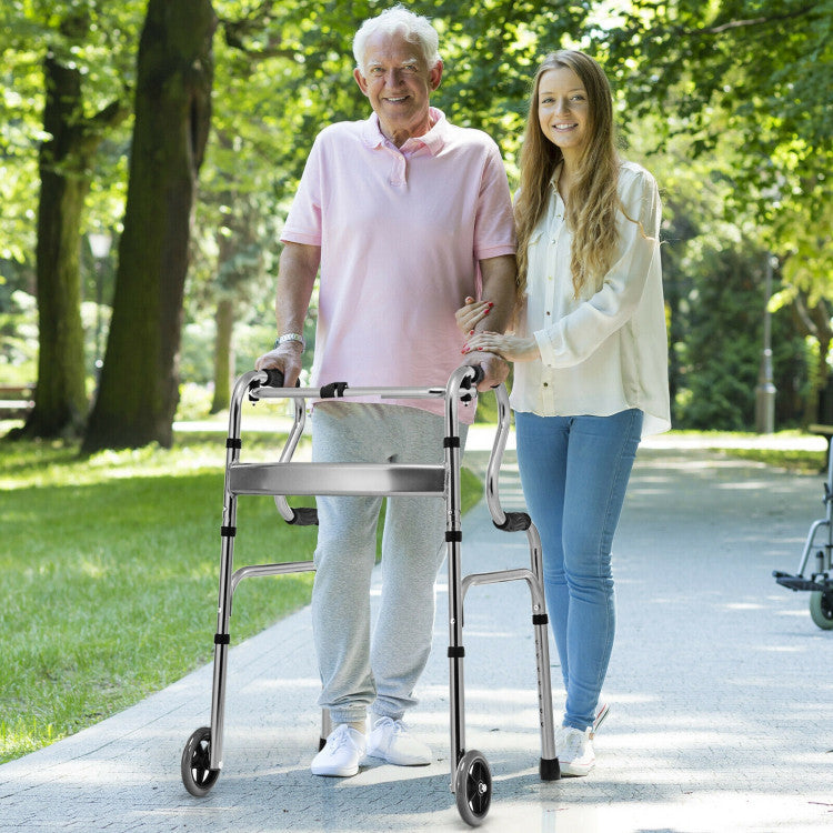 440LBS Heavy-Duty Folding Walker Adjustable H-shaped Walking Helper Portable Medical Walker with Wheels and Bi-Level Armrests