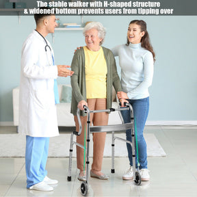 440LBS Heavy-Duty Folding Walker Adjustable H-shaped Walking Helper Portable Medical Walker with Wheels and Bi-Level Armrests