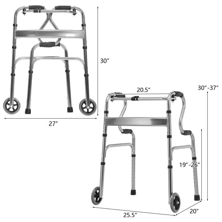 440LBS Heavy-Duty Folding Walker Adjustable H-shaped Walking Helper Portable Medical Walker with Wheels and Bi-Level Armrests