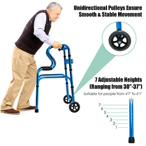 440LBS Heavy-Duty Folding Walker Adjustable H-shaped Walking Helper Portable Medical Walker with Wheels and Bi-Level Armrests
