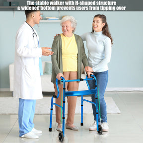 440LBS Heavy-Duty Folding Walker Adjustable H-shaped Walking Helper Portable Medical Walker with Wheels and Bi-Level Armrests