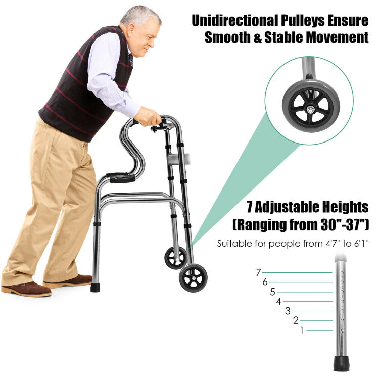 440LBS Heavy-Duty Folding Walker Adjustable H-shaped Walking Helper Portable Medical Walker with Wheels and Bi-Level Armrests