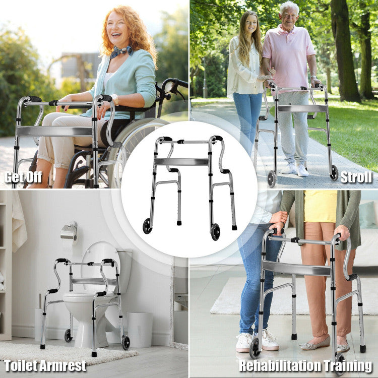 440LBS Heavy-Duty Folding Walker Adjustable H-shaped Walking Helper Portable Medical Walker with Wheels and Bi-Level Armrests