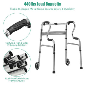 440LBS Heavy-Duty Folding Walker Adjustable H-shaped Walking Helper Portable Medical Walker with Wheels and Bi-Level Armrests